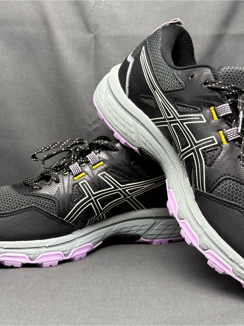 ASICS Black Athletic Shoes with Lavender and Yellow Accents